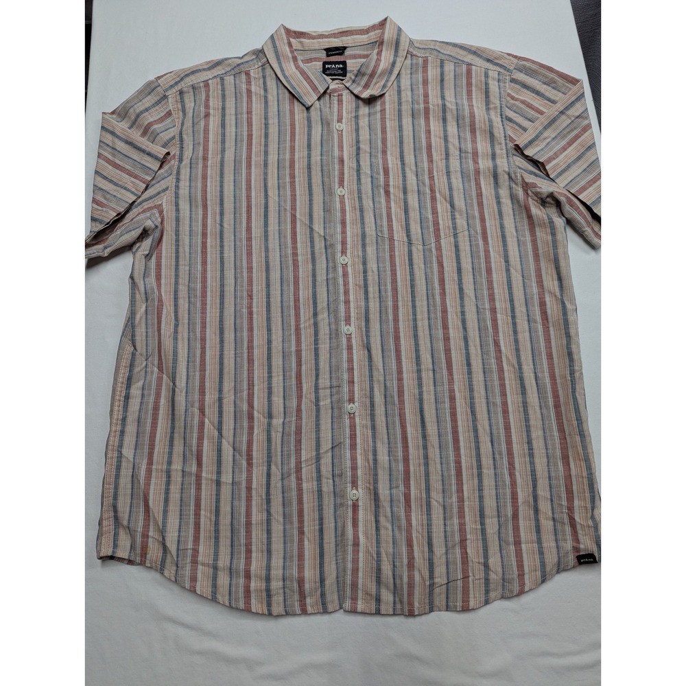 Prana Mens XL Short Sleeve Button Down Shirt Striped Organic Cotton Standard